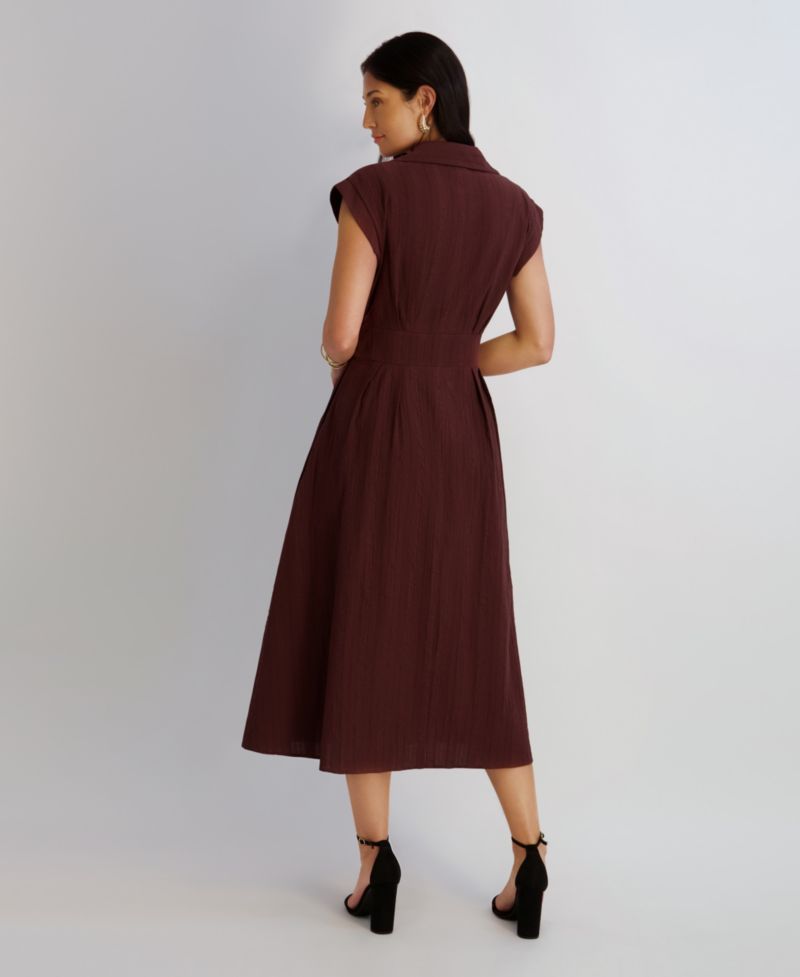 Women's Textured Stripe Midi Collared Shirt Dress