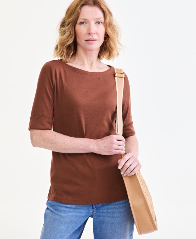 Petite Cotton Elbow-Sleeve Boat-Neck Top