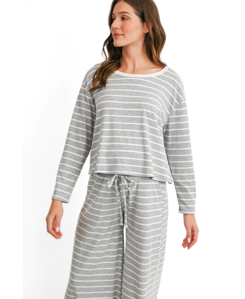 Maternity Striped Long-Sleeve Wide-Leg Top and Pants, 2-Piece Set