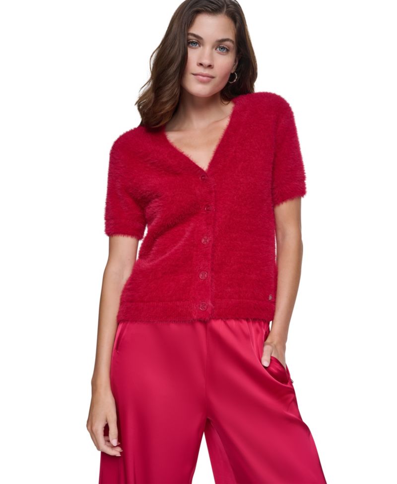 Petite Short-Sleeve Brushed-Knit Fitted Cardigan