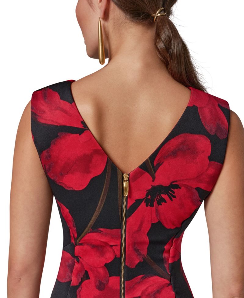 Women's Floral-Print V-Neck Sleeveless Sheath Midi Dress