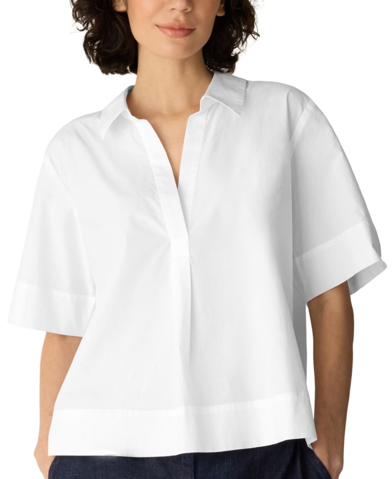 Women's Cotton Poplin Split Neck Short-Sleeve Blouse