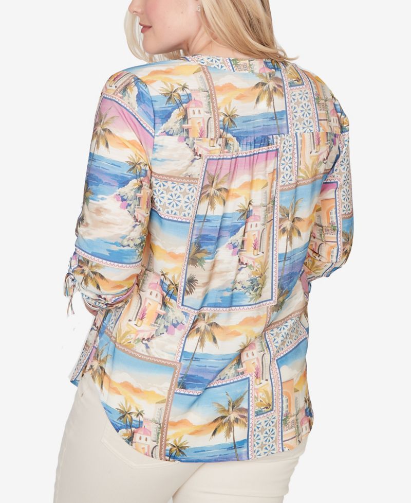 Women's Beachcomber Postcard Print Tie-Sleeve Henley Top