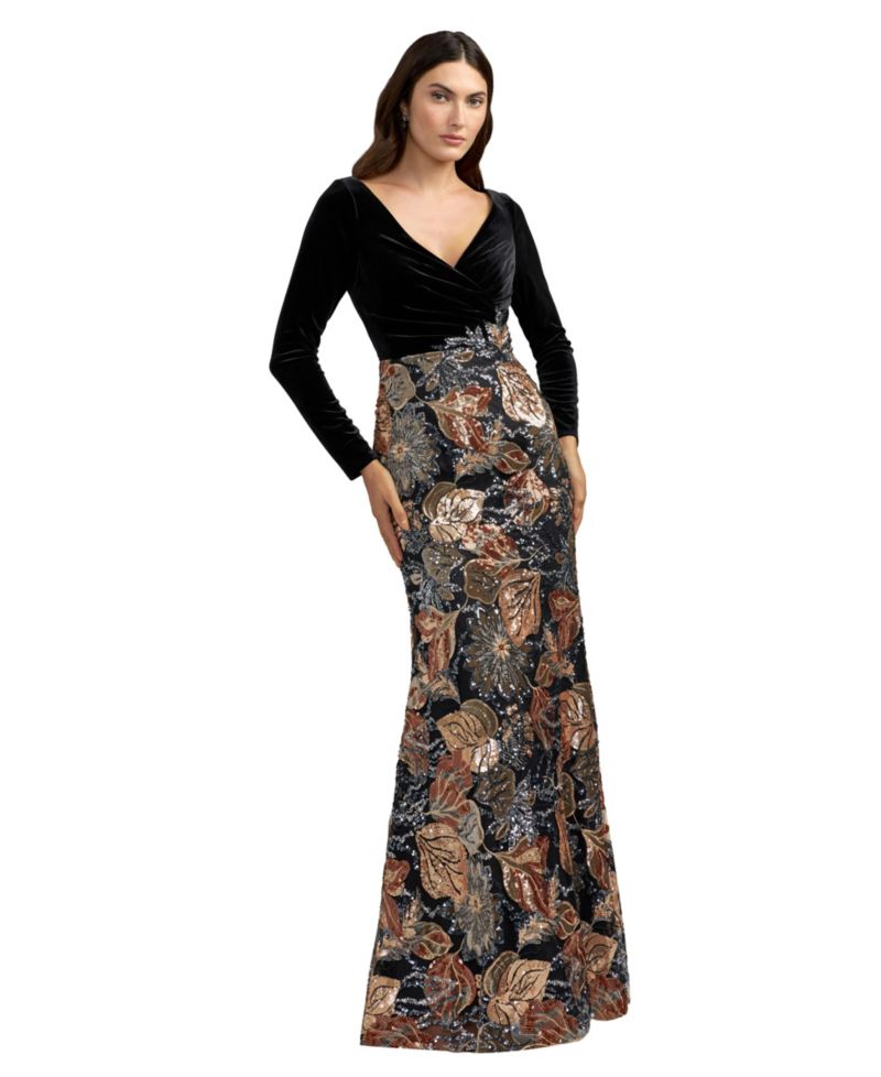 Women's V-Neck Long-Sleeve Floral-Embroidered Velvet Gown