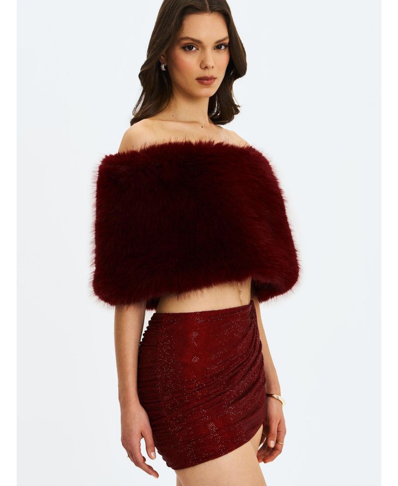 Women's Darleen Crimson Rhinestone Mesh Low Waist Ruched Skirt