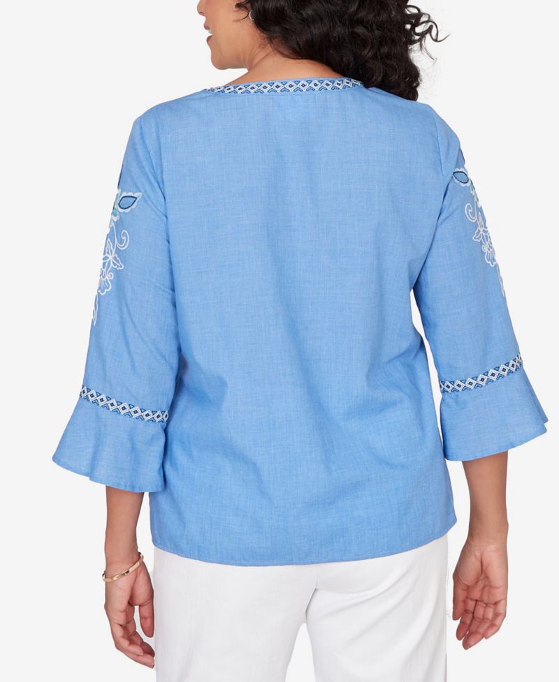 Women's Mykonos Floral Textured Embroidered Split Neck Top