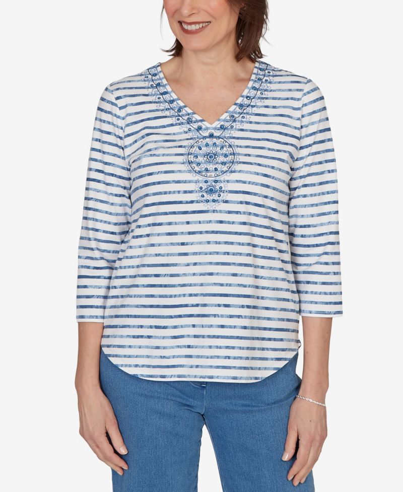 Women's Classic Medallion Embroidered Stripe V-Neck Top