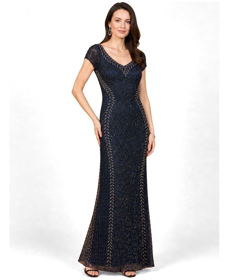 Women's Beaded Mermaid Cap Sleeve Gown