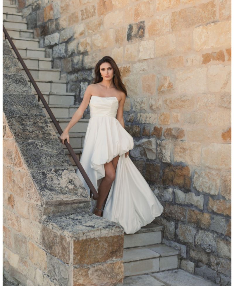 Petite Strapless High-Low Satin Gown with Draped Skirt
