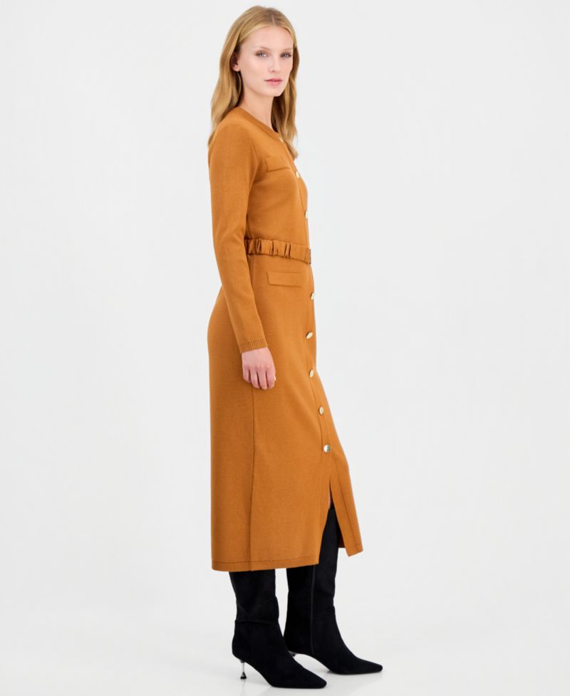 Women's Long-Sleeve Belted Sweater Dress