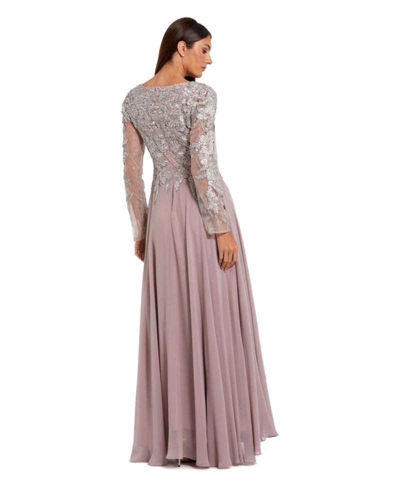 Women's Floral Embroidered Illusion V-neck A-line Gown