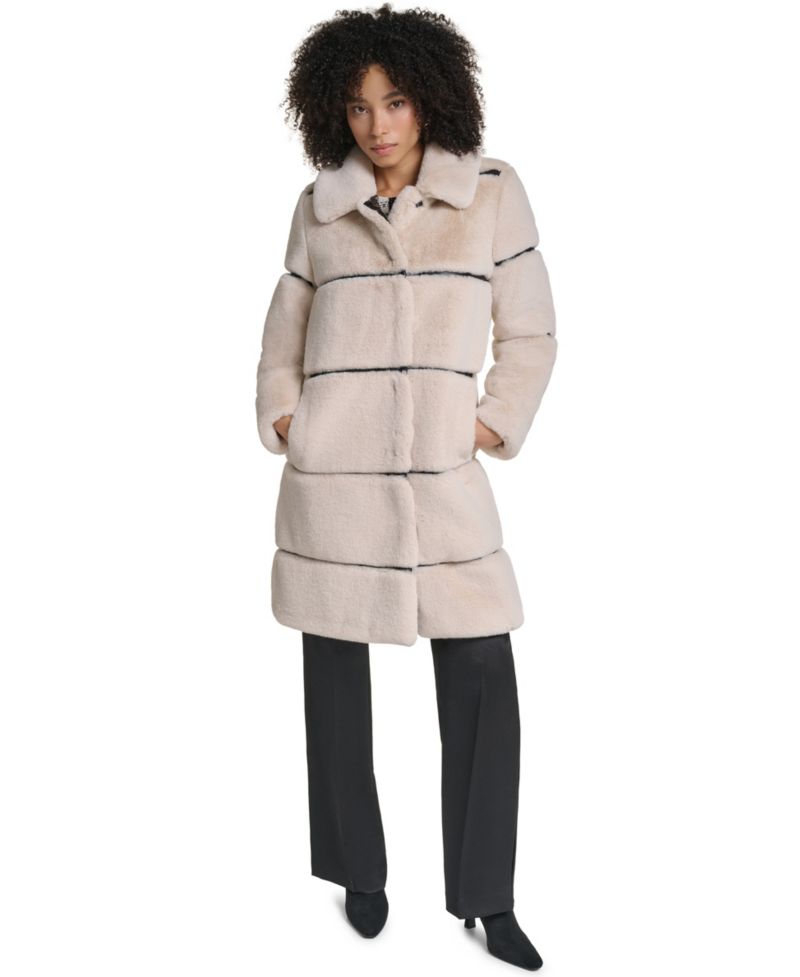 Women's Faux-Leather Trim Faux-Fur Coat