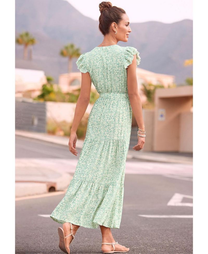 Women's Viscose Printed Flutter Sleeve V-Neck Elastic-Waist Maxi Dress