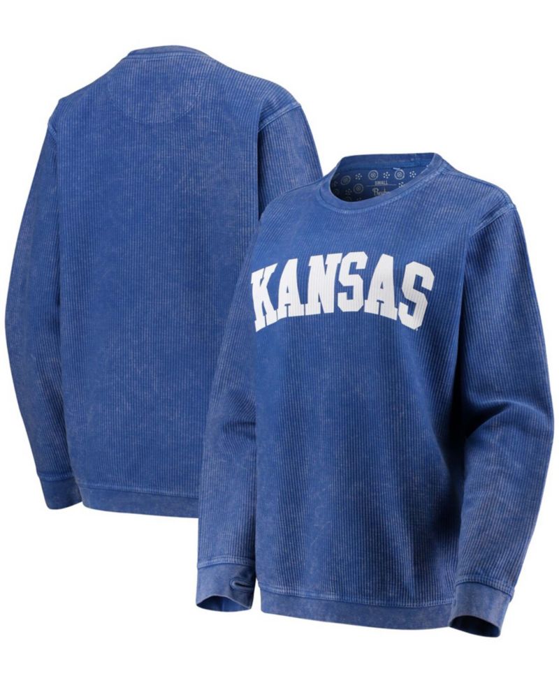 Women's Royal Kansas Jayhawks Comfy Cord Vintage-Like Wash Basic Arch Pullover Sweatshirt