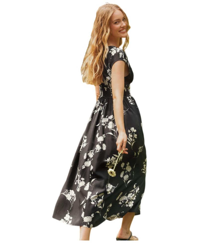 Women's V-Neck Cap-Sleeve A-Line Midi Dress