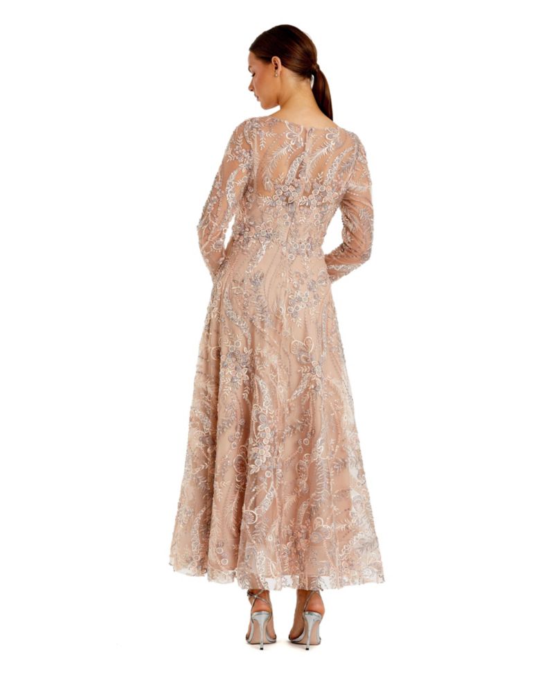 Women's Floral Embroidered V-Neck Long Sleeve Midi Dress