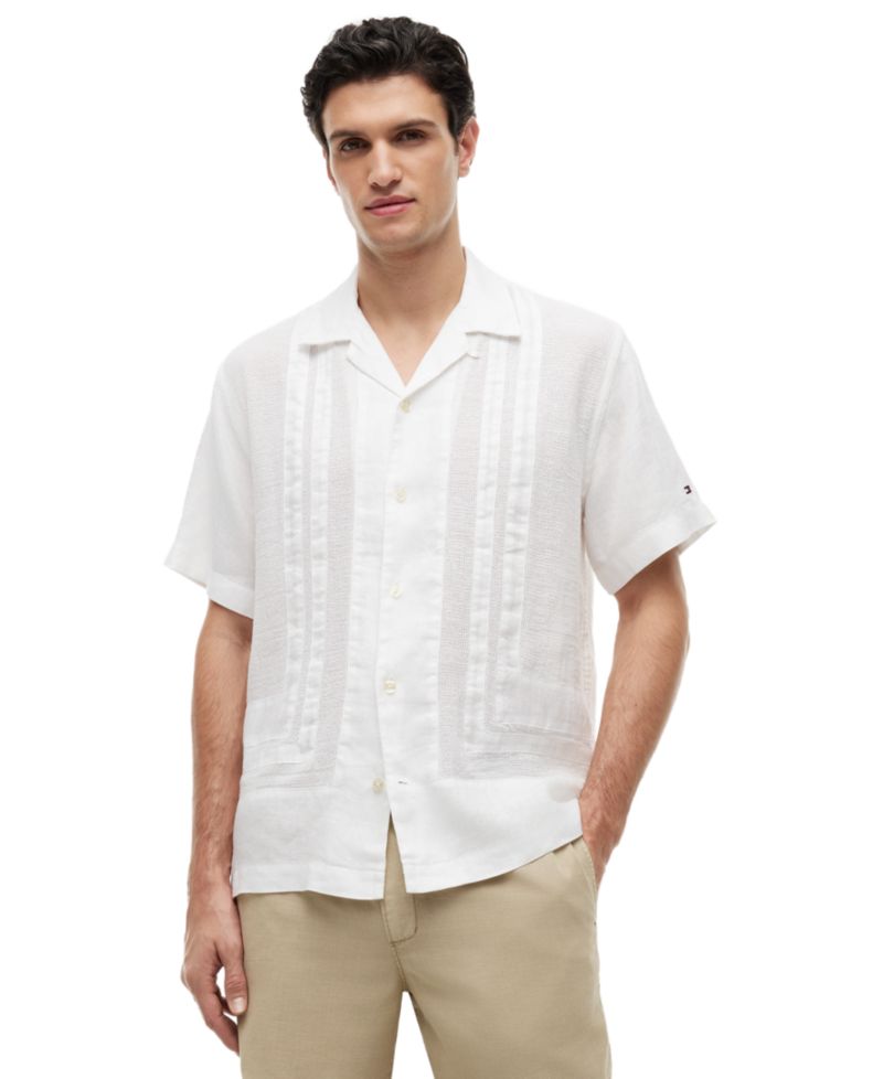 Men's Linen Camp Collar Mesh Structured Short-Sleeve Shirt