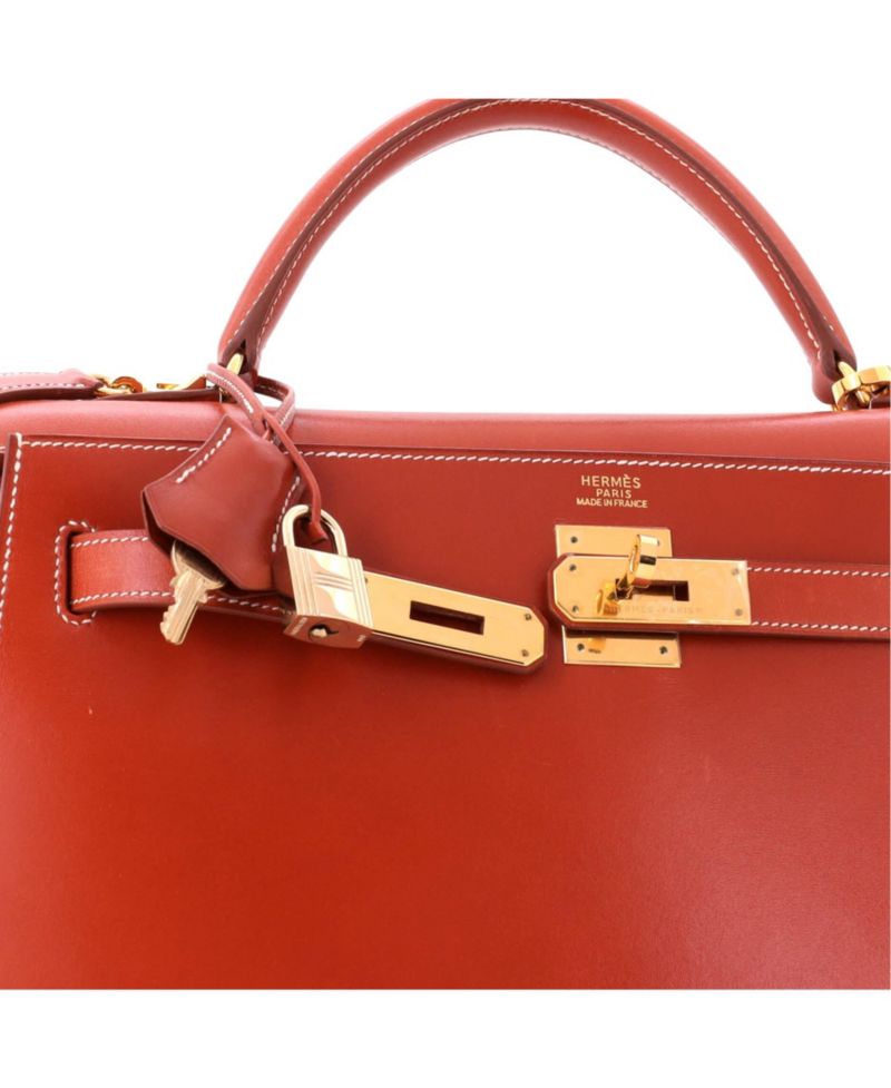 Kelly 32 Handbag Orange Box Calf with Gold Hardware