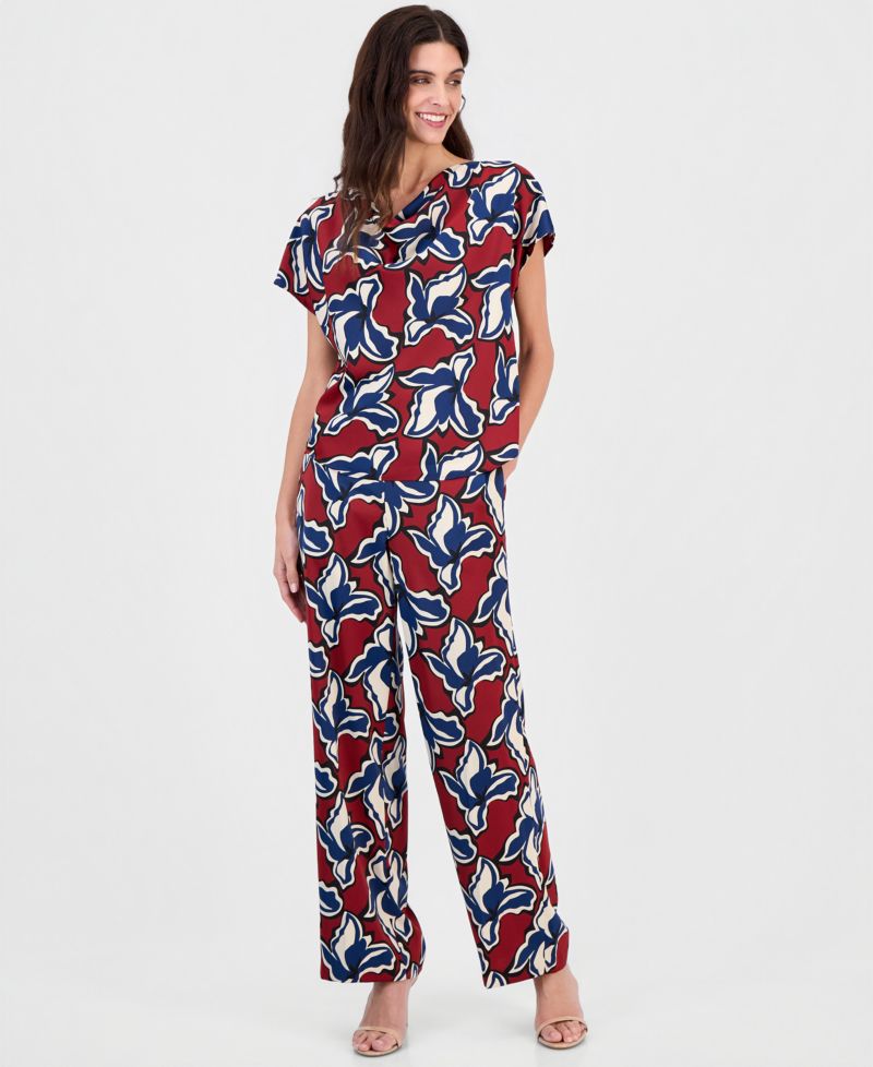 Women's Printed Cowl-Neck Short-Sleeve Top & Printed Pull-On Wide-Leg Pants