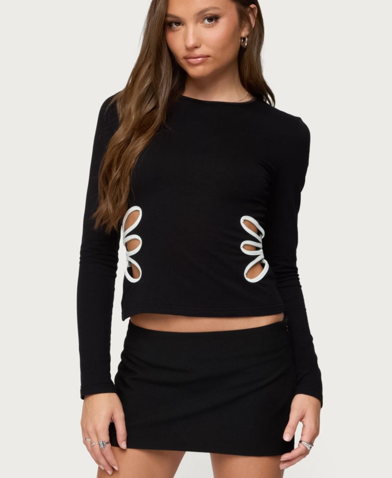 Women's Contrast Cut Out Long Sleeve Top