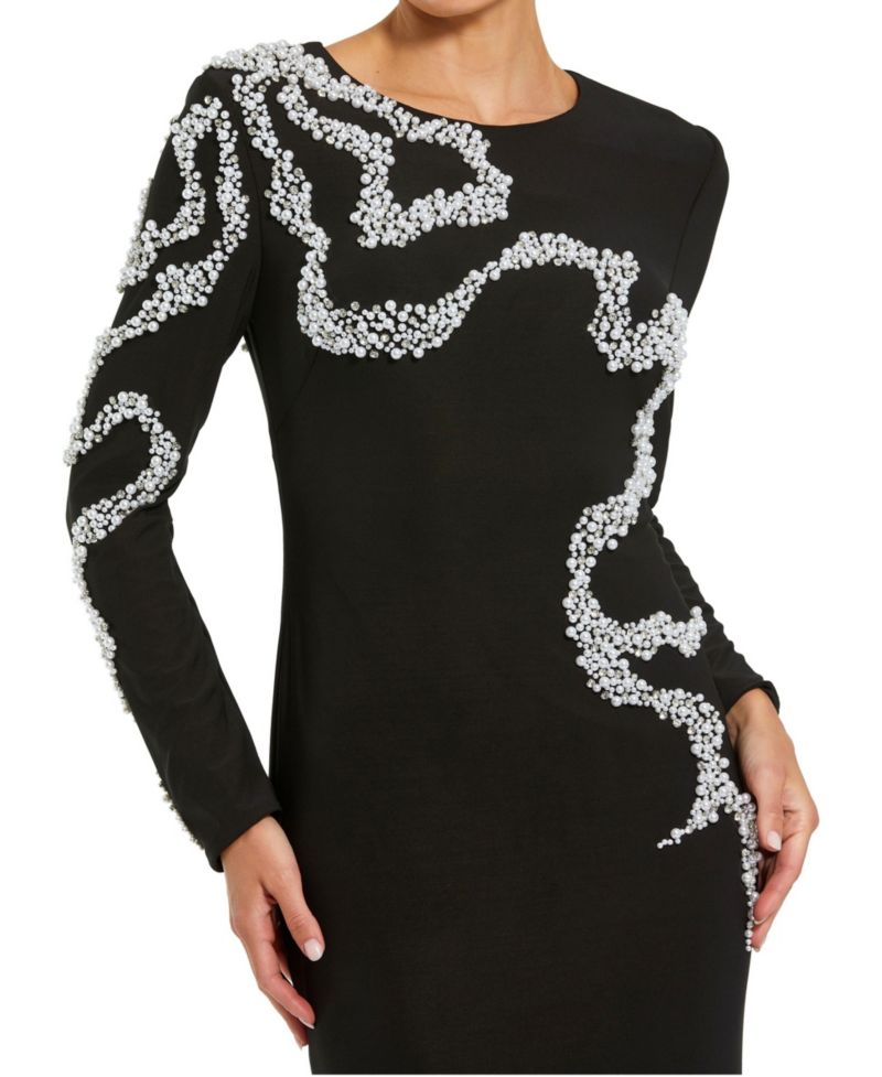 Petite Jersey Long Sleeve Beaded Column Gown