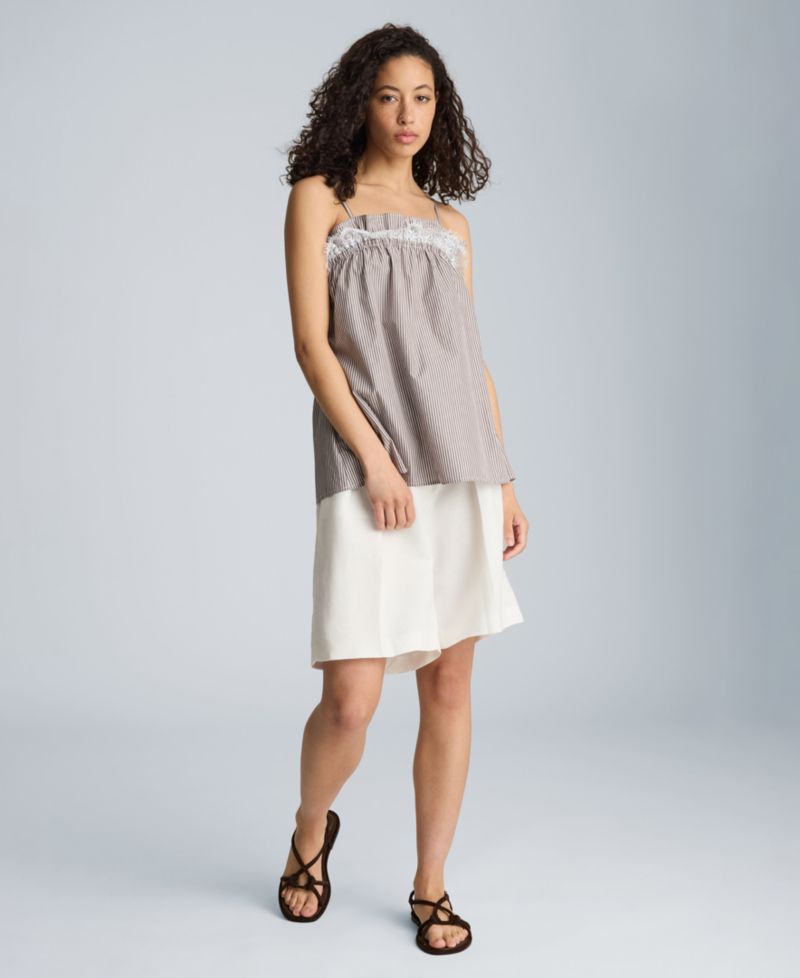 Women's Cotton Shirred Neck Lace Trim Camisole
