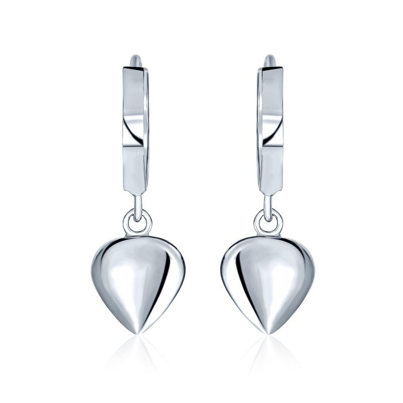 Romantic Puff Heart Charm Dangling Huggie Earrings .925 Sterling Silver