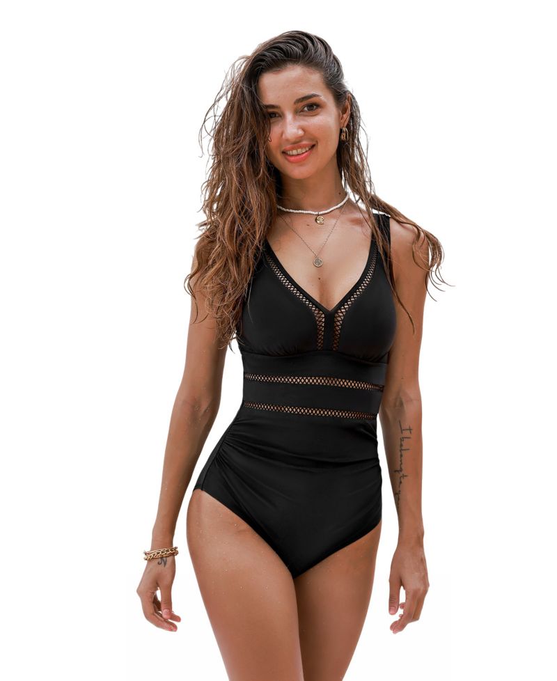 Women's V-Neck One-Piece Swimsuit with Adjustable Straps and Back Hook
