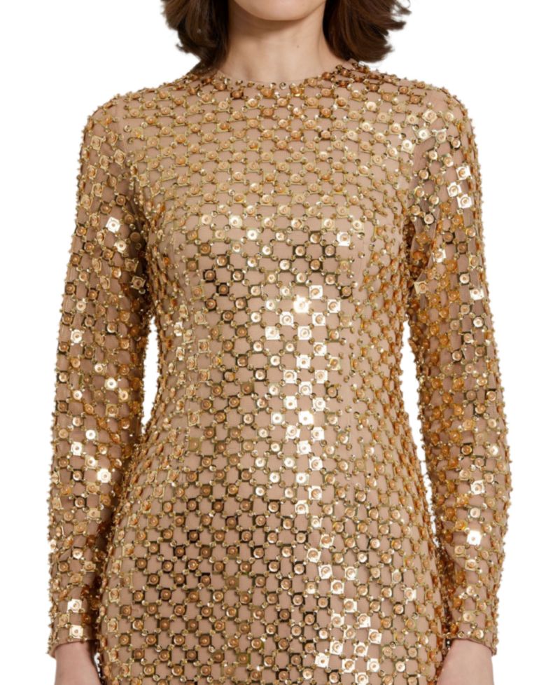 Women's Beaded Georgette Long Sleeve Fitted Midi Dress
