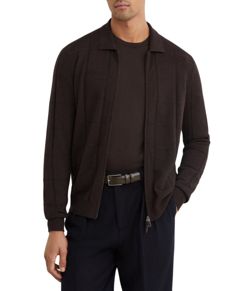 Men's Martindale Check-Textured Zip-Through Wool Cardigan