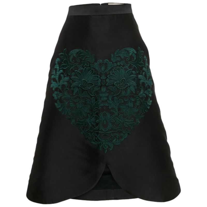Women's Black Embroidered Silk Blend Midi Skirt