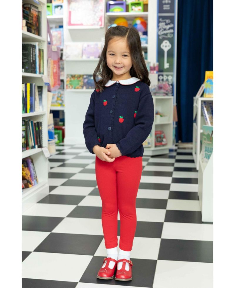 Toddler Girls' 2T-5T Long-Sleeve Crewneck Hand-Knit Red Apples Cardigan