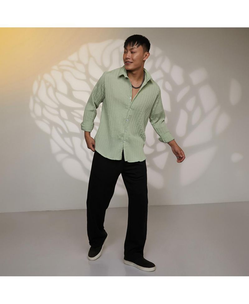 Men's Sage Green Self-Design Striped Shirt