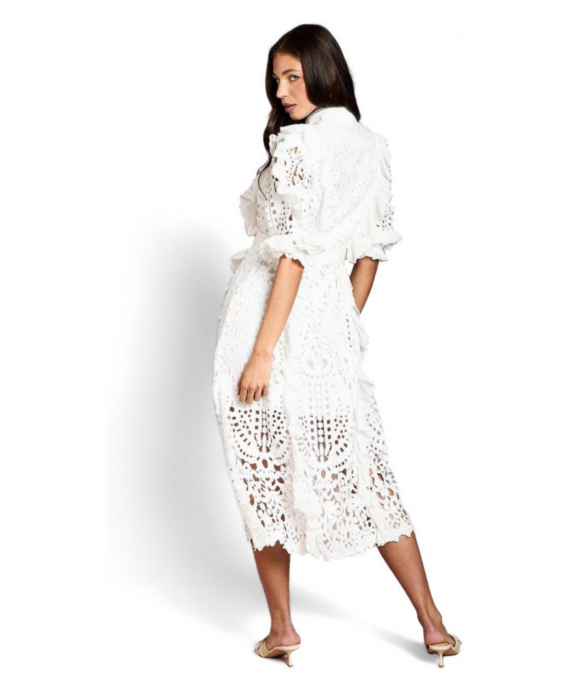 Women's Lace-Ruffle Belted Midi Dress