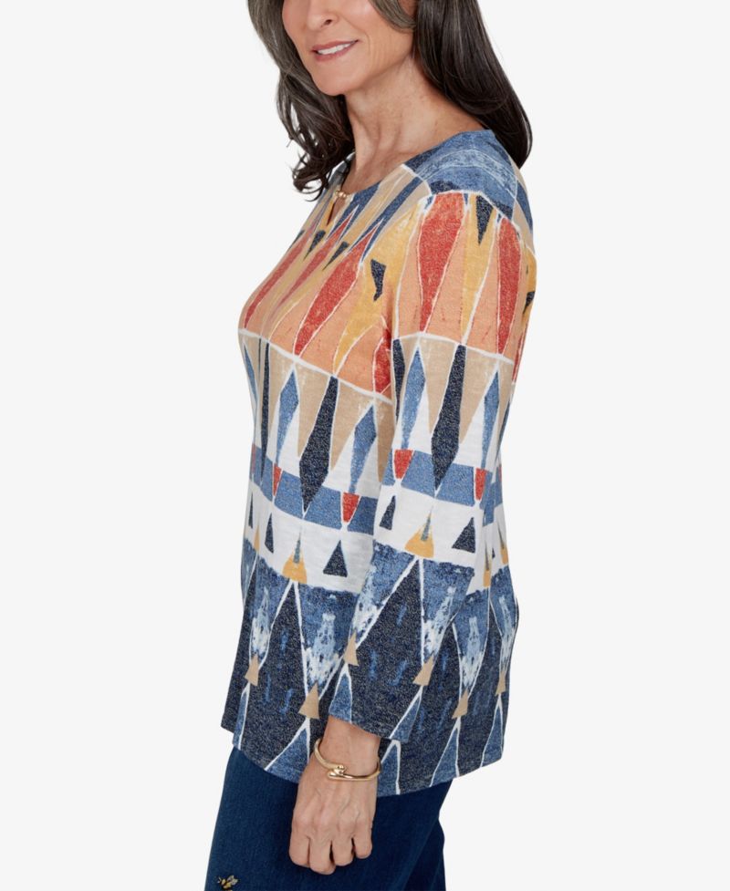 Women's Keyhole 3/4-Sleeve Geometric-Print Cotton-Blend Pullover