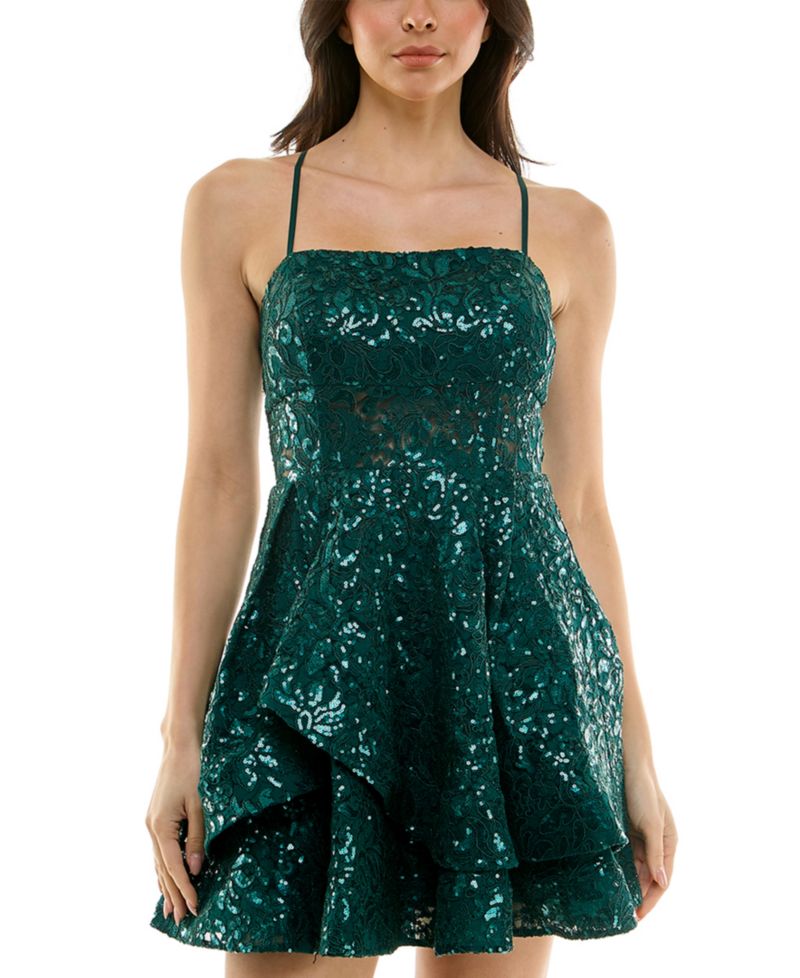 Juniors' Sequined Lace Spaghetti Strap Square-Neck Dress