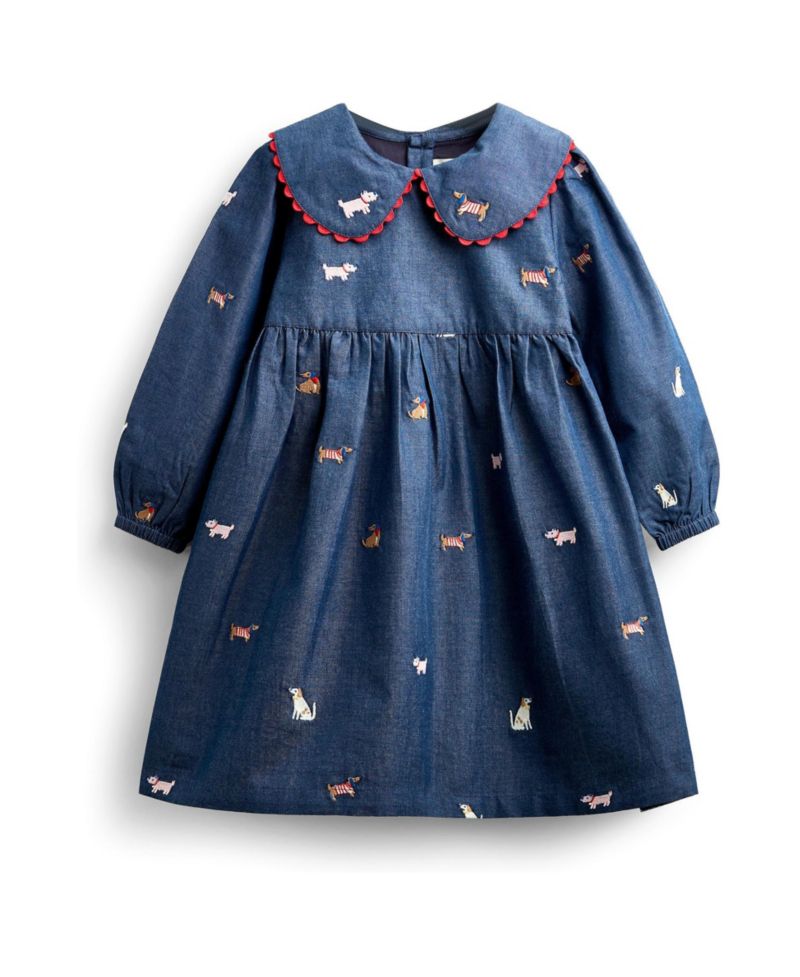 Girls' 4-16 Long-Sleeve Peter Pan Collar Embroidered Chambray Dress