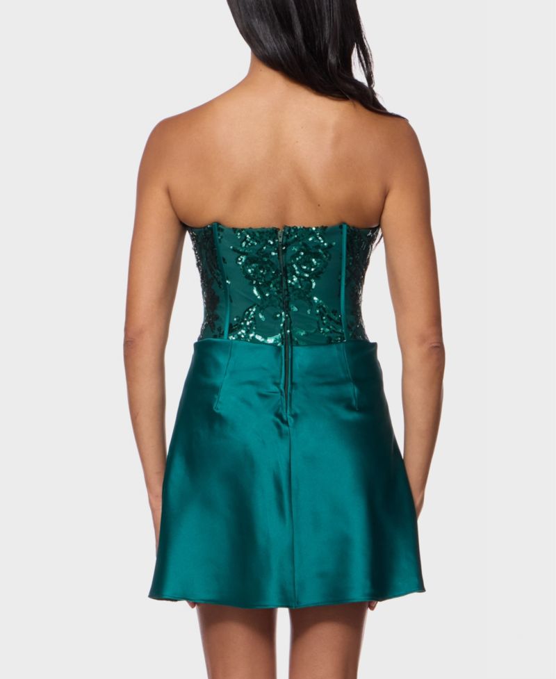 Juniors' Sequin Pattern Corseted Draped Skirt Satin Mini Dress