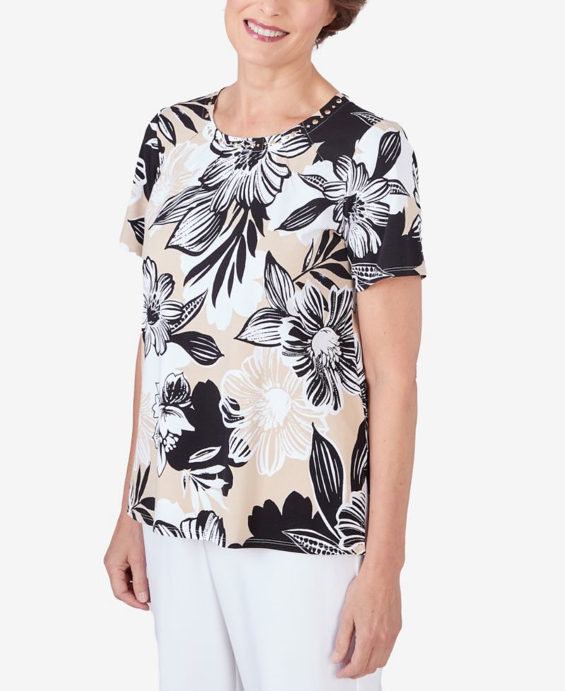 Women's Pleated Neck Bold Floral Short Sleeve Tee