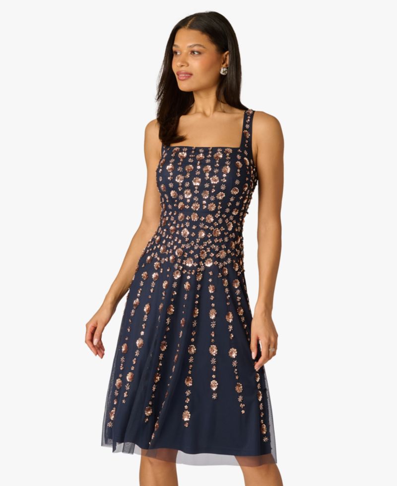 Petite Beaded Square Neck Knee-Length Dress