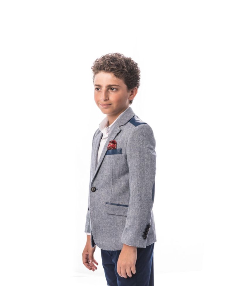 Toddler Blue Slim Fit Tweed & Faux Leather Blazer