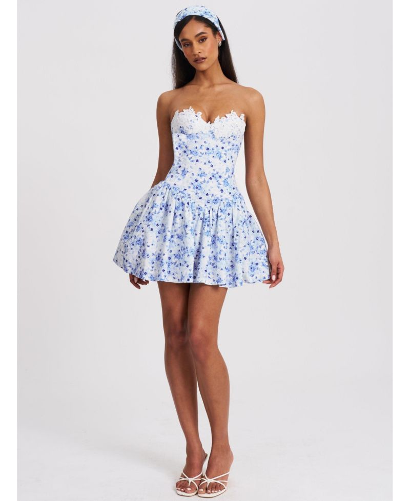Women's Taleah Blue Floral Print Linen Mini Dress with Lace Trim