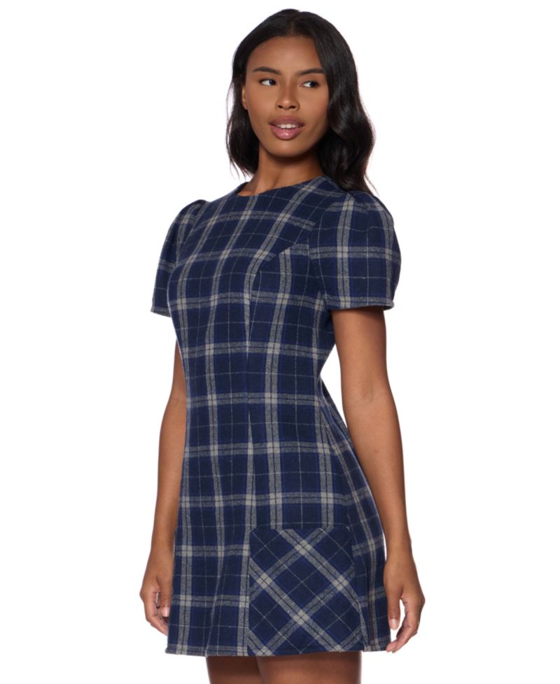 Juniors' Plaid Puff-Sleeve Mini Dress