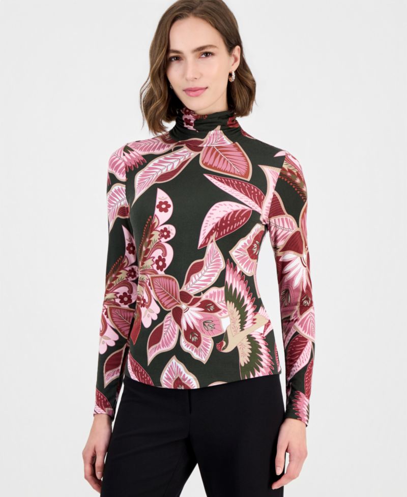 Women's Floral Mock-Neck Back-Zip Blouse