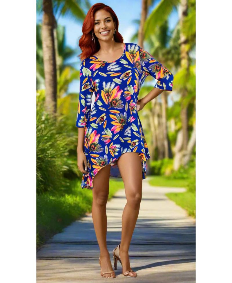 Women's Shark-Bite Asymmetrical Tropical Print Knit Resort Dress