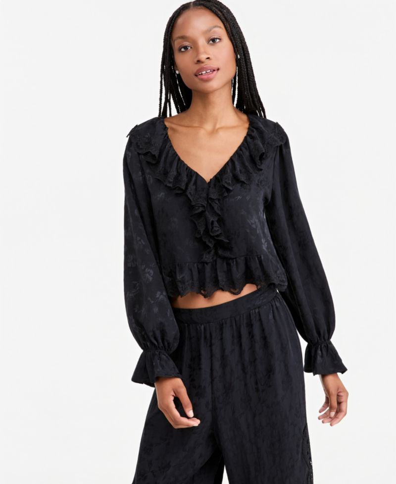 Petite Balloon-Sleeve Ruffle-Jacquard Blouse