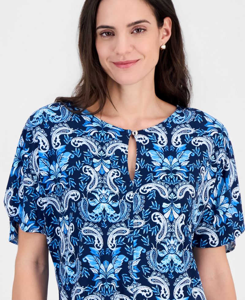 Women's Short Dolman-Sleeve Printed Keyhole Knit Top