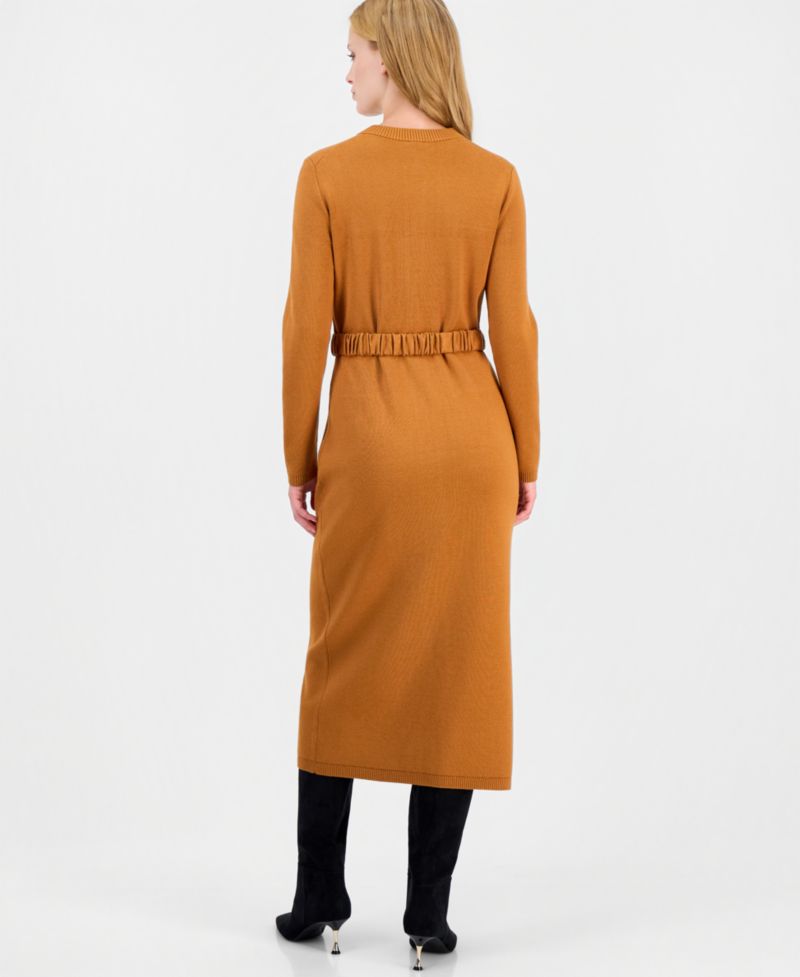 Women's Long-Sleeve Belted Sweater Dress