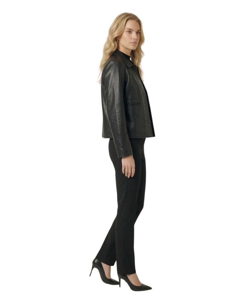 Women's Leather Button-Front Collared Jacket