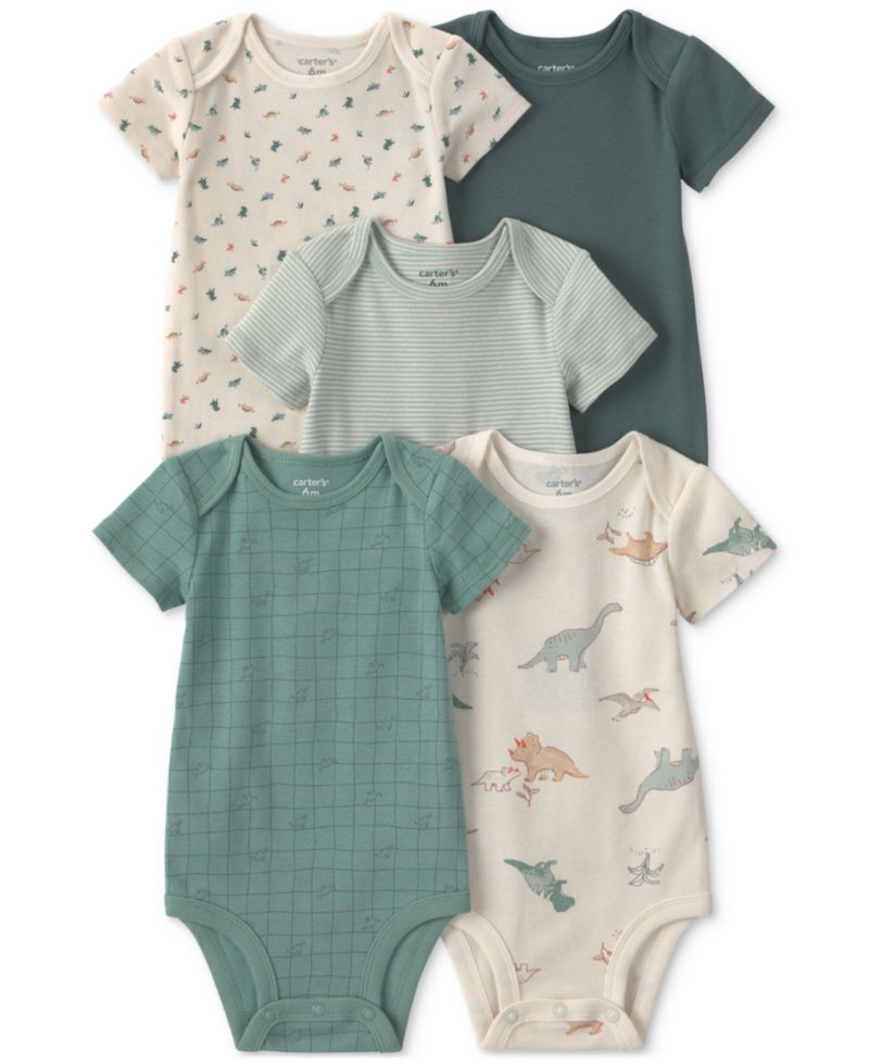 Baby Boys' Dinosaur Print Short-Sleeve Bodysuits, 5-Pack